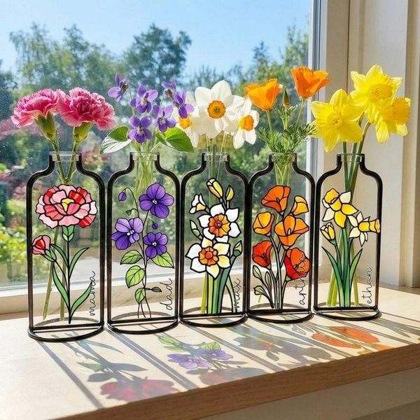 Personalized Stained Glass Birth Flower Vase with Custom Name & Flower, Floral Glass Vase Gift for Mother/Grandma/Sister
