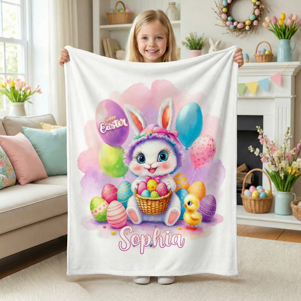 Personalized Happy Easter Bunny Blanket, Easter Egg Chick Pattern, Custom Name Soft Home Flannel Blanket, Children Easter Gift