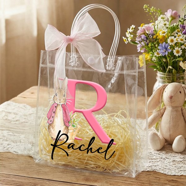 Personalized Easter Peter Rabbit Gift Bags with Pink Bow Ribbon, Customized Name and Initials Easter Gift Bags, Perfect Easter Gifts for Kids