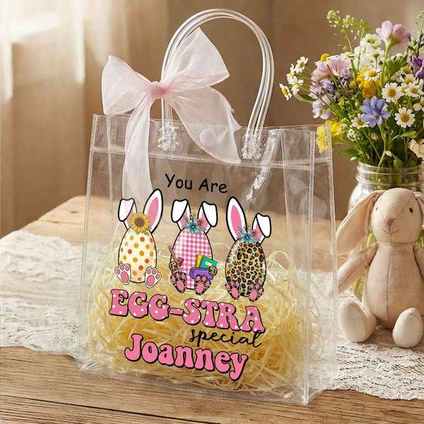 Personalized Easter Egg-Stra Bags With Pink Bow Ribbon, Customized Name And Egg Pattern Easter Gift Bags, Easter Party Favors, Perfect Easter Gifts