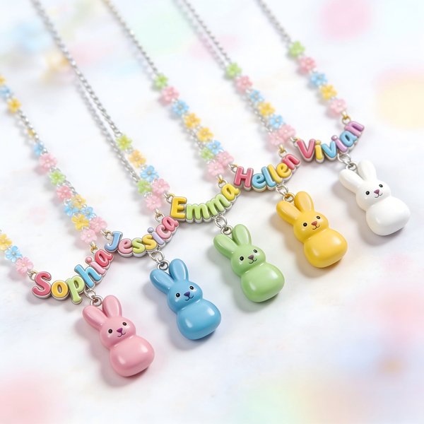 Personalized Easter Bunny Necklace with Colorful Letters, Custom Name Pendant, Selectable Bunny Color, Perfect Easter Gift for Kids
