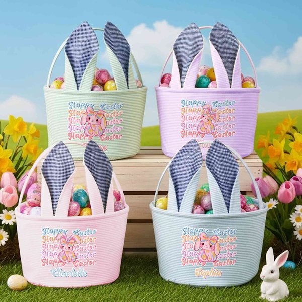 Personalized Happy Easter Y2K Bunny Basket with Custom Name, Trendy Retro Party Favor & Decorative Basket Gift for Kids