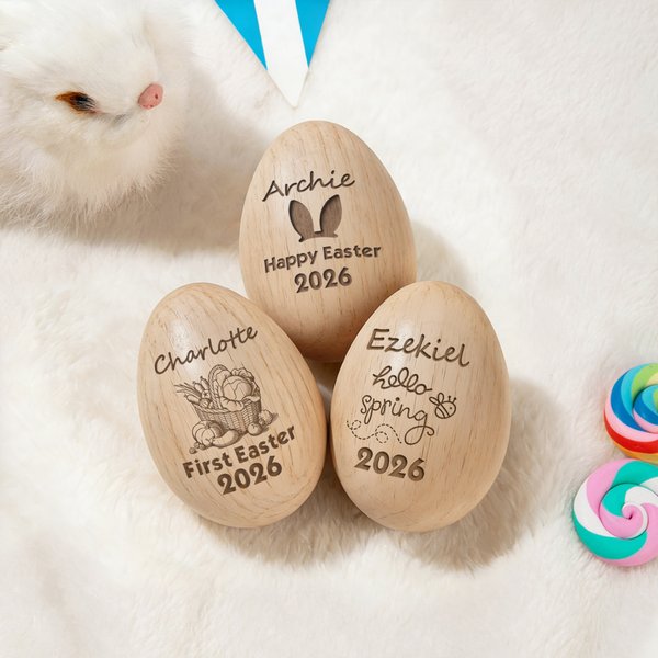 Personalized Bunny Easter Theme  Wooden Easter Egg Musical Shaker with Name and Text Year Basket Filler Easter Gift for Baby Kids