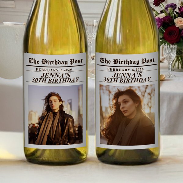 Personalized Newspaper Design Photo Wine Label Stickers with Name and Date Birthday Party Decor for Family Friends