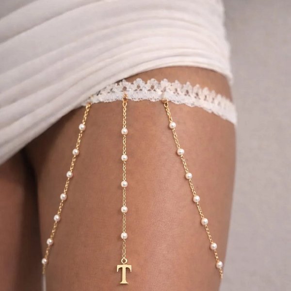 Personalized Initial Thigh Chain, Gold Pearl Bridal Garter with Custom Letter Pendant, Handcrafted Lace Leg Chain, Perfect Wedding Gift for Bride