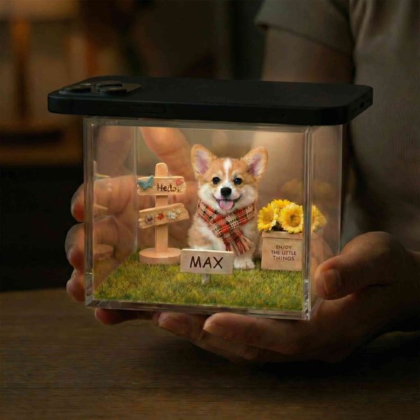 Personalized Name 3D Pet Hologram Display Box, Digital Memory Keepsake with Changeable Outfits, Memorial Gift for Pet Lovers/Dog & Cat Owners