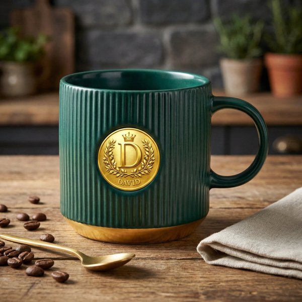 Personalized Gold Crest Initial Mug with Name, 12oz Ceramic Coffee Cup, Elegant Luxury Gift for Him & Her