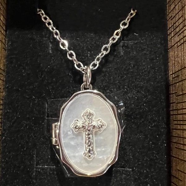 Personalized Stainless Steel Cross Locket Necklace with 2 Photos, Oval Mother of Pearl Locket with Bling Cross, Religious Keepsake Jewelry for Women