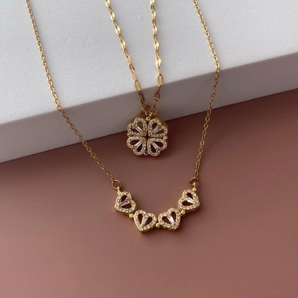 18K Gold Four Leaf Clover Magnetic Heart Necklace, Cubic Zirconia Inlaid, Dainty Good Luck Jewelry, Perfect Mother's Day & Birthday Gift for Her