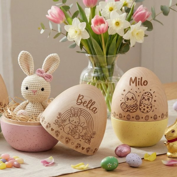 Personalized Engraved Name Cute Animal Design Wooden Easter Egg, Reusable Easter Candy Holder, Basket Stuffers, Easter Gift for Kids