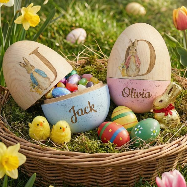 Personalized Wooden Easter Egg with Name, Custom Bunny Egg for Kids, Rustic Hollow Easter Basket Filler Keepsake Gift