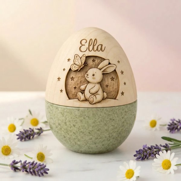 Personalized Cute Bunny Butterfly Wooden Easter Egg with Name, Spring Farmhouse Keepsake, Easter Decor, Easter Basket Gift for Kids