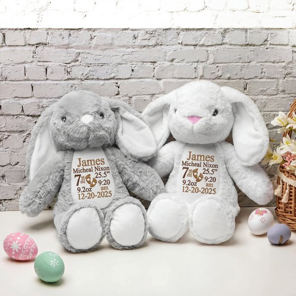 Personalized Birth Info Plush Bunny with Custom Name, Date, Weight & Length, Soft Newborn Keepsake Toy & Baby Shower Gift
