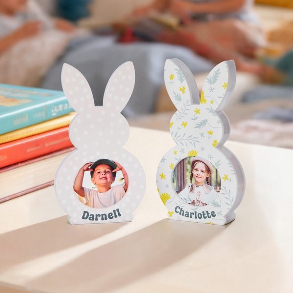 Personalized Easter Bunny Photo Frame with Custom Name & Photo, Polka Dots Rabbit Design Picture Frame, Easter/Birthday Gift for Kids
