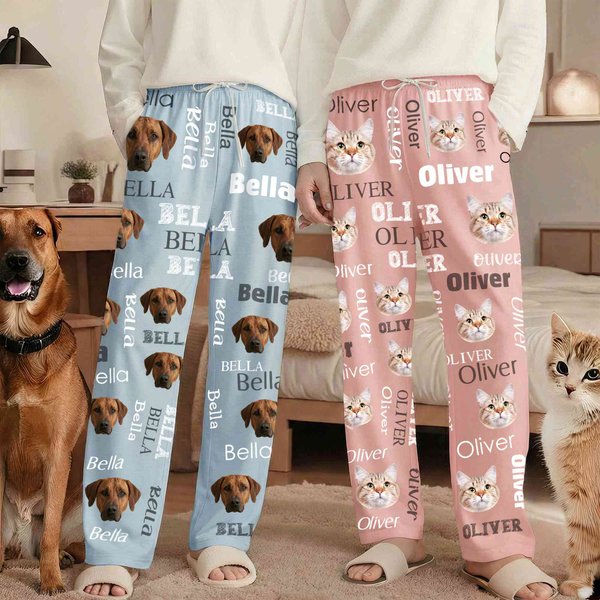 Personalized Multi-Color Word Cloud Pet Face Photo Soft Pajama Pants with Name Daily Wear Birthday Gift for Pet Lovers Friends