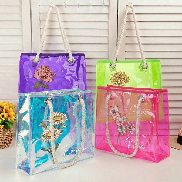 Personalized 2 Styles Birth Flower Holographic Clear Tote Bag with Name Beach Accessories Daily Bachelorette Party Christmas Gift for Brides Women
