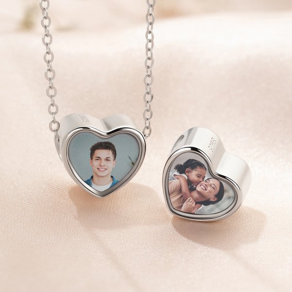 Personalized Sterling Silver Crystal Heart Photo Charm Accessory Fit Necklace Bracelet Valentine's Day Birthday Gift for Family Friends