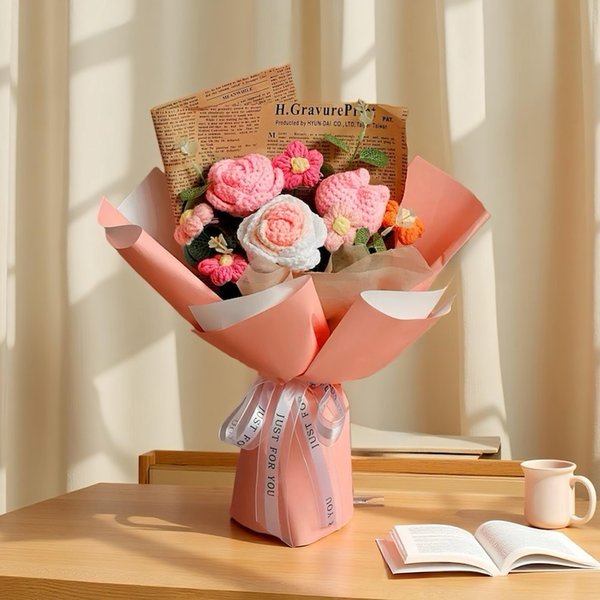 Personalized Crochet Rose Bouquet with Custom Color & Message, Handmade Knitted Floral Gift for Her, Mother's Day/Teacher/Wedding Eternal Flower