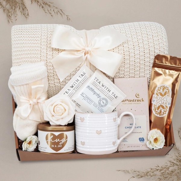 Personalized Care Package Gift Box with Cozy Blanket & Mug, Custom Encouragement Self Care Basket for Her/Him