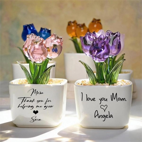 Personalized Hand Blown Glass Everlasting Tulips with Custom Name & Color, Potted Flower Mother's Day Gift for Mom