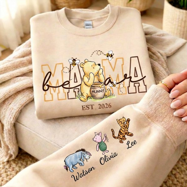 Personalized Mama Bear Sweatshirt with Name & Year, Cartoon Mama Bear Top, Mother's Day Sweatshirt, Mother’s Day Gift for Mom/Her