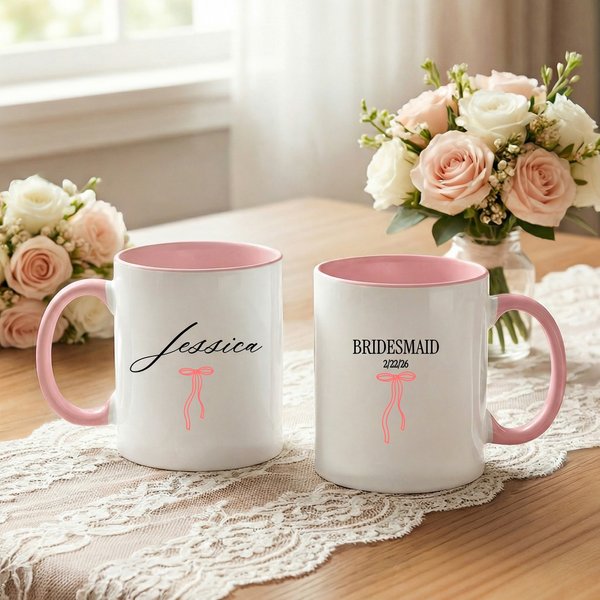 Personalized Pink Bow Bridesmaid Proposal Mug with Name and Date, Ceramic Coffee Cup and Coaster Set, Bridal Party Favor, Wedding Gift for Bridesmaids