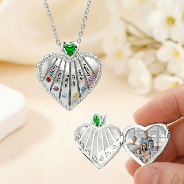 Personalized Birthstones Heart Locket Necklace with Names and Pendant Birthday Anniversary Mother's Day Gift for Women