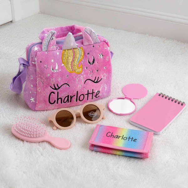 Custom Name Unicorn Theme Gift Set of 6, Toddler First Crossbody Bag Sunglasses Notepad Comb Wallet Mirror Set, Birthday/Children's Day for Girls