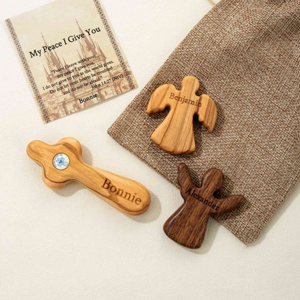 Personalized Name Wooden Cross with Card and Small Sack, Handheld Cross/Angel Ornament, Birthday/Christmas/Christening Gift for Family/Friends