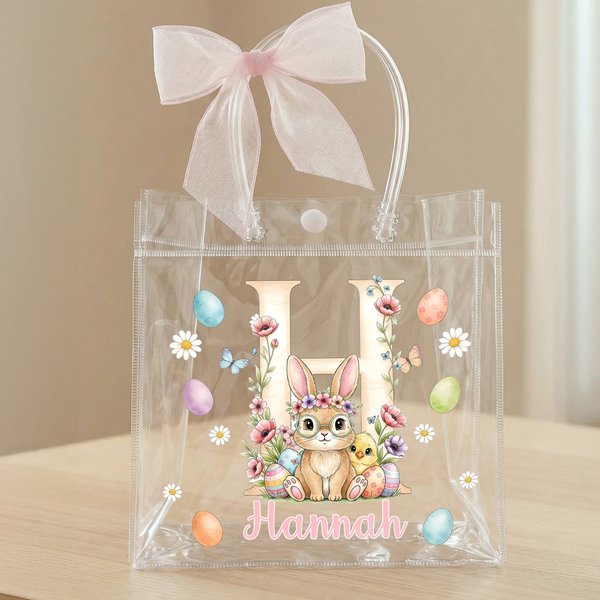 Personalized Pink Bow Ribbon Colorful Easter Eggs Rabbit Chicks Clear Gift Bag with Name and Initial Easter Party Favors Gift for Kids
