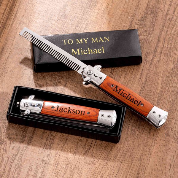 Personalized Folding Beard Comb with Custom Name, Wooden Hair/Beard Grooming Comb, Groomsman/Birthday/Anniversary Gift for Husband & Men