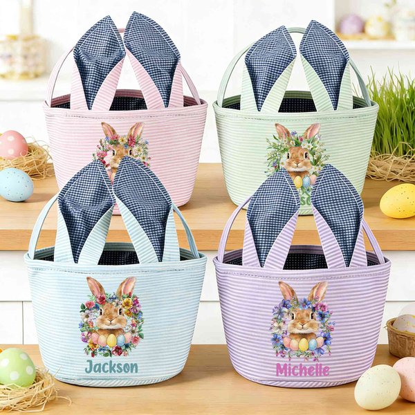 Personalized Birth Flower Peter Rabbit Basket, Custom Easter Egg Hunt Bucket for Kids, Cute Floral Gift Tub
