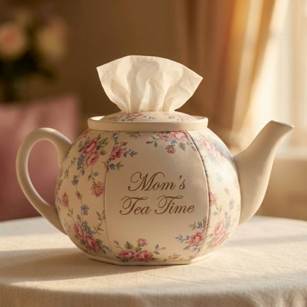 Personalized Teapot Tissue Box Cover, Custom Name Floral Decorative Tissue Holder, Vintage Tea Lover Home Decor, Unique Gift for Mom or Grandma