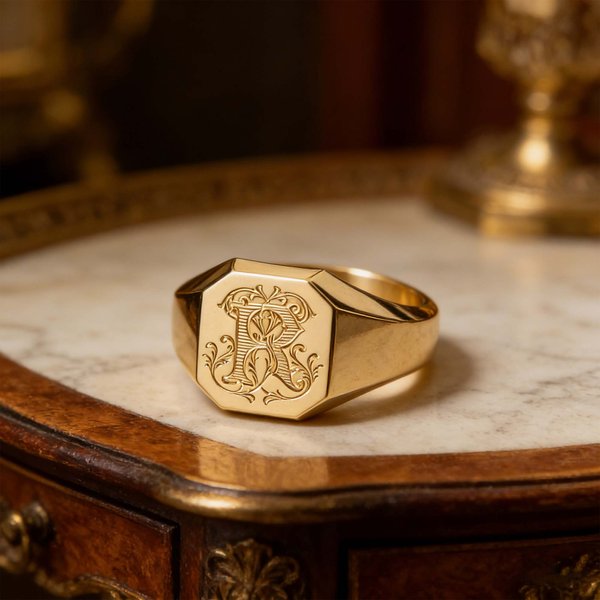 Personalized Classic Victorian Initial Signet Ring with Ornate Letter & Inner Engraving, Birthday/Anniversary Gift for Men