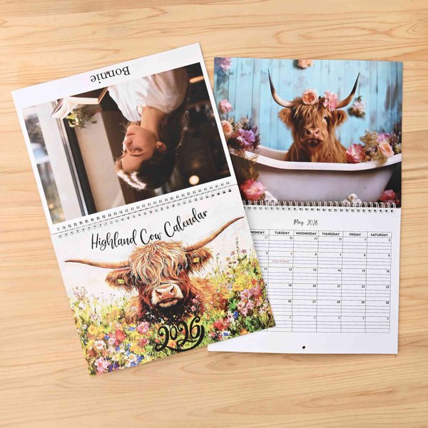 Personalized 1-4 Photos 2026 Floral Highland Cow Calendar with Text Anniversary Birthday Gift for Highland Cow Lovers