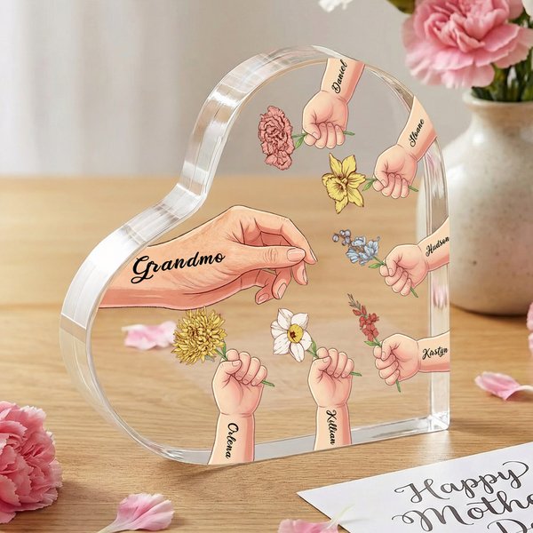 Personalized Grandma Mom Kids Little hands Heart-Shape Acrylic Plaque with Name and Birth flowers, Desk Decor, Mother's Day Gift