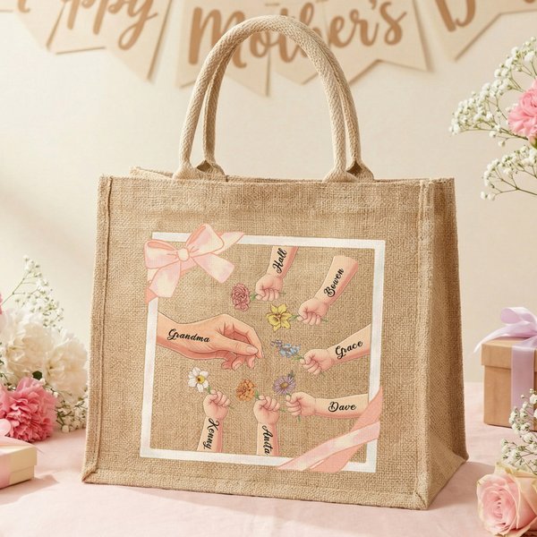Custom Names Birth Flowers Mom/Grandma & Kids Hands Bow Frame Burlap Tote Bag, Large Capacity Jute Handbag, Birthday/Mother’s Day Gift for Mom/Grandma