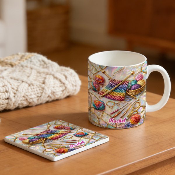 Personalized Knitting Mug with Name, Custom Coffee Cup with Coaster for Knitting Lovers, Mother's Day/Birthday Gift for Grandma