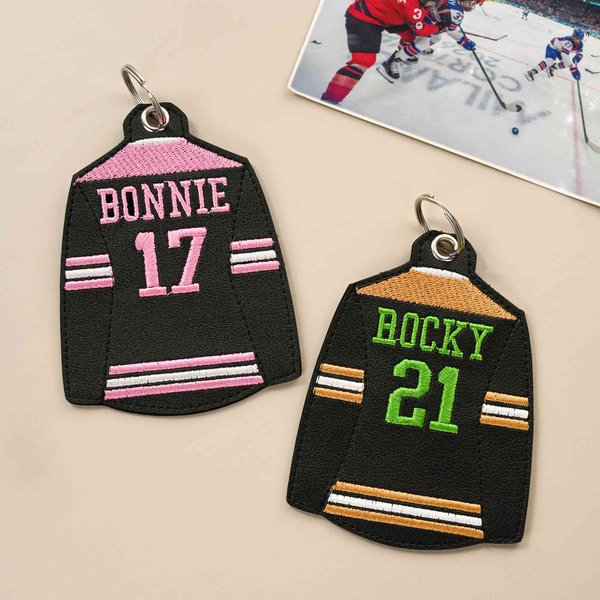 Personalized Embroidered Leather Hockey Jersey Bag Tag with Custom Name & Number, Hockey Team Key Ring Gift for Players & Coaches