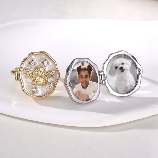 Personalized Enamel Angel Locket Ring with 1-2 Photo, Custom Photo Angel Locket Ring, Memorial Gift for Her