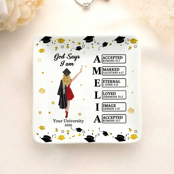 Personalized Cartoon Graduate Character Bible Name Ceramic Trinket Jewelry Dish with Year and School Name Graduation Gift for 2026 Graduates
