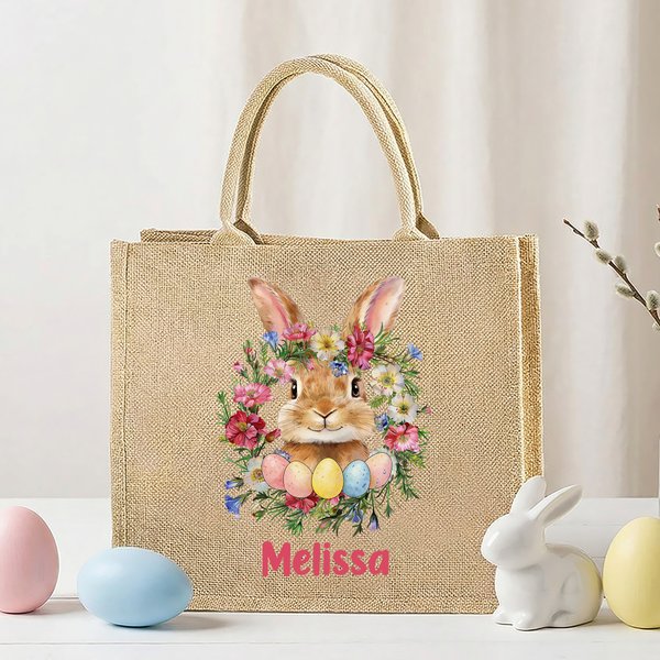 Personalized Cute Easter Bunny Birth Flower Large Capacity Jute Bag with Name Daily Use Easter Gift for Friends Kids
