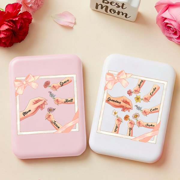 Personalized Grandma Mom Kids Little Hands LED Compact Mirror with Name & Birth Flowers, Mother's Day Family Keepsake Gift for Mom/Grandma