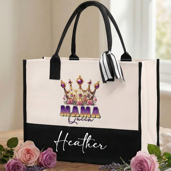 Sac à main personnalisé MAMA Queen Crown Flowers avec nom et ruban, sac à main en toile de grande capacité, utilisation quotidienne, cadeau d'anniversaire/de fête des mères pour maman