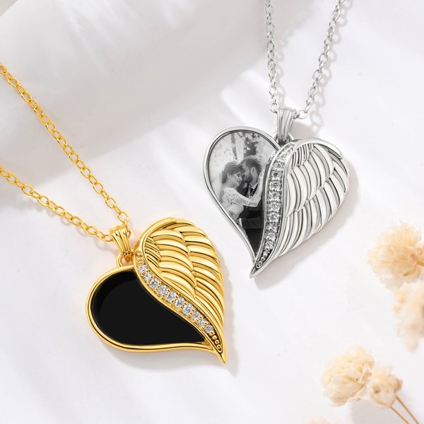 Personalized Heat-Activated Photo Angel Wing Heart Necklace with Text Memorial Birthday Anniversary Gift for Women Pet Lovers