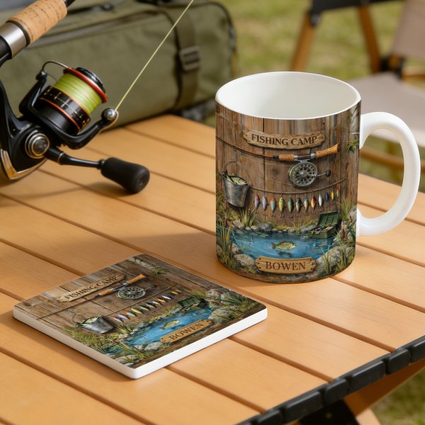 Personalized Fishing Camp Mug with Name and Coaster, 11oz/15oz Two Tone Ceramic Coffee Mug, Father's Day/Birthday Gift for Dad/Fishing Lovers