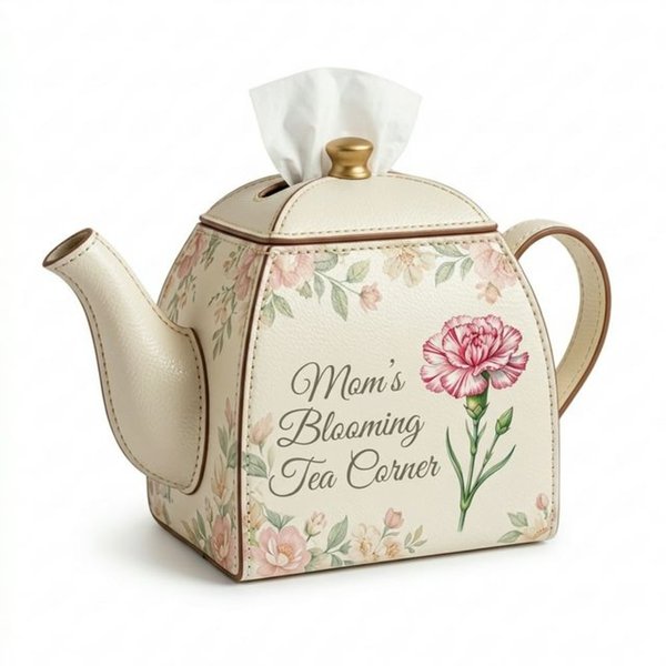 Personalized Birth Flower Teapot Leather Tissue Box Cover, Custom Name Floral Decorative Holder, Vintage Art Home Decor, Unique Gift for Mom/Grandma