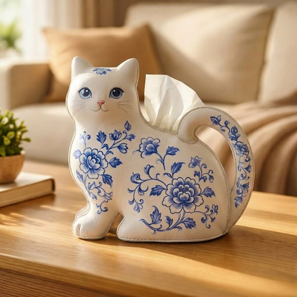 Personalized Blue and White Porcelain Birth Flower Cat-Themed Leather Tissue Box Cover with Name, Home Decor, Birthday/Housewarming Gift for Cat Lover