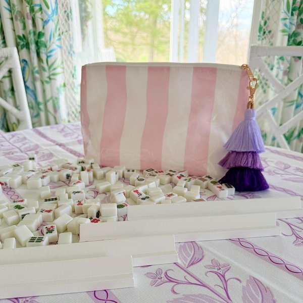 Set de voyage Mahjong comprenant un sac, des supports en bois et des dés, Accessoire de voyage Mahjong, Cadeau pour les amateurs de Mahjong