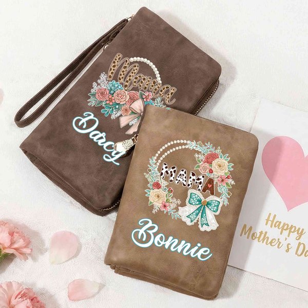 Personalized Bow Flower PU Leather Wristlet Wallet with Name & Multiple Card Slots, Mother's Day/Birthday Gift for Mom